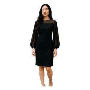 Gabby Skye Pleated Midi Cocktail Dress Black Textured Sheer Long Sleeves 14